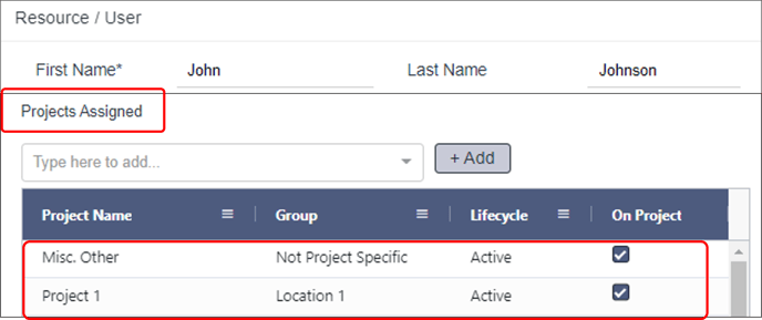Admin - Groups - 7 - John Johnson assigned to Projects