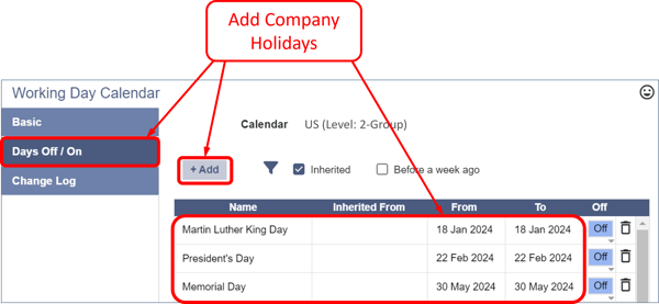 Company holidays - Enter Holidays