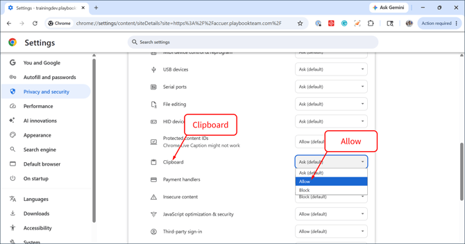 Configure Chrome - Set Clipboard option to Allow