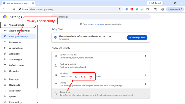 Configure Chrome - Site Settings