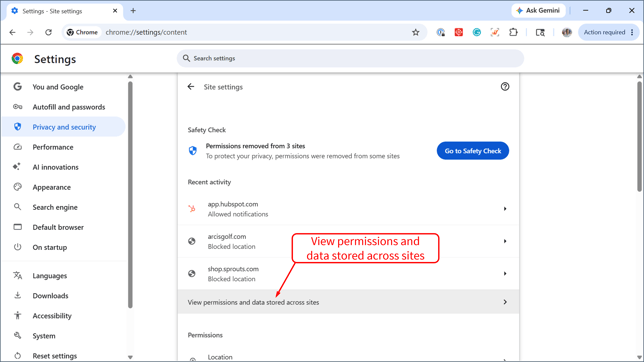 Configure Chrome - View permissions and data stored across sites