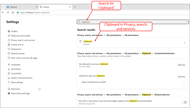 Configure Edge - Select Clipboard in Privacy, search, and services