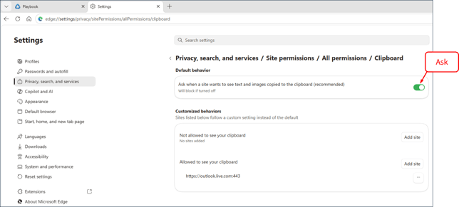 Configure Edge - Set Clipboard to Ask