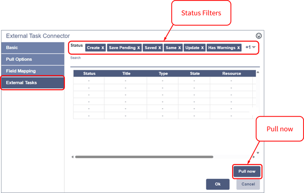 ETC - External Task Connector External Tasks - Status filter, Pull now