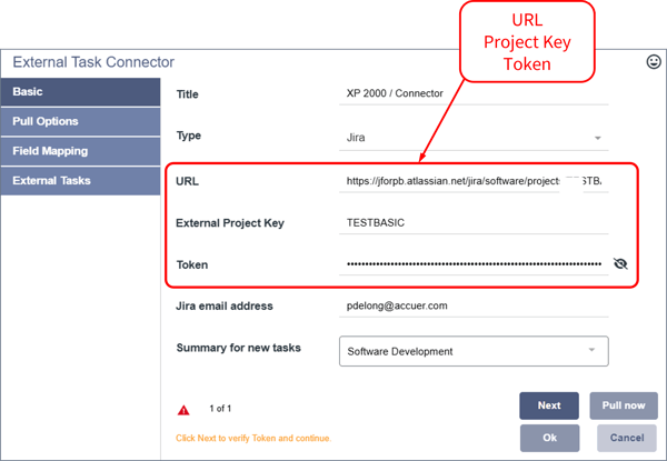ETC - External Task Connector URL, Project Key, Token