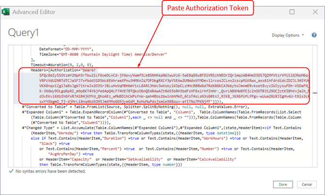 Connect Excel - Advanced Editor - Paste Authorization Token - Complete