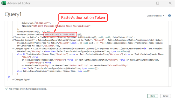 Connect Excel - Advanced Editor - Paste Authorization Token