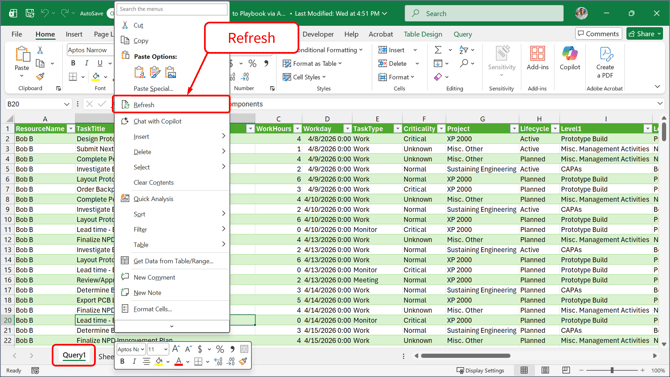 Connect Excel - Refresh to Update Playbook Data