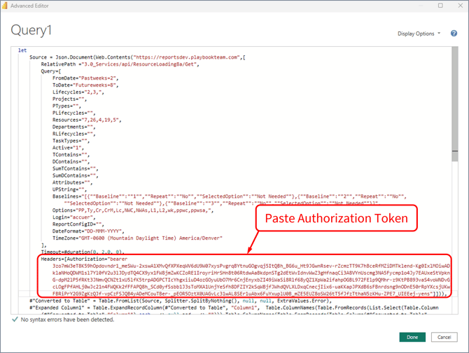 Connect Power BI - Advanced Editor - Paste Authorization Token - Complete