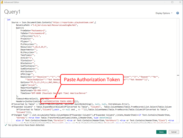 Connect Power BI - Advanced Editor - Paste Authorization Token