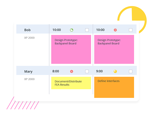 A colorful task scheduling table illustrating tasks assigned to team members Bob and Mary, including specific tasks like 'Design Prototype' and 'Define Interfaces' at designated times.
