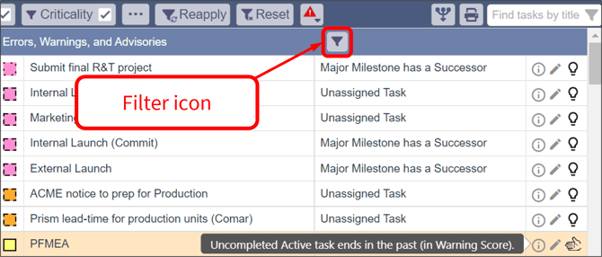 Sep 8, 2022 - Errors, Warnings, Advisories - 5 - Filter icon