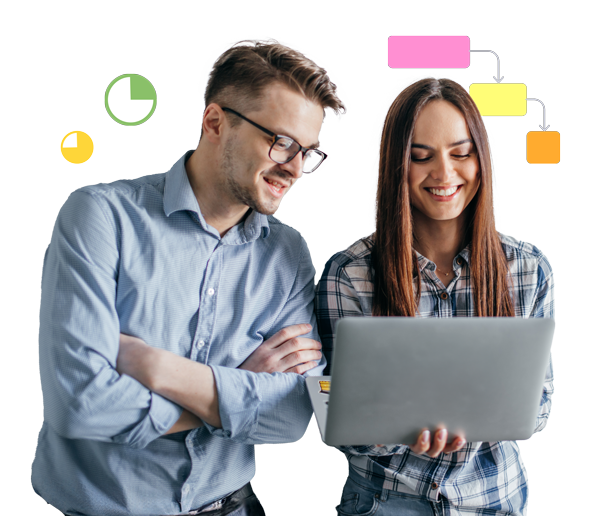A smiling man and woman looking at a laptop together, with colorful pie chart icons and a three-step task flow diagram floating above them, symbolizing project planning or collaboration.