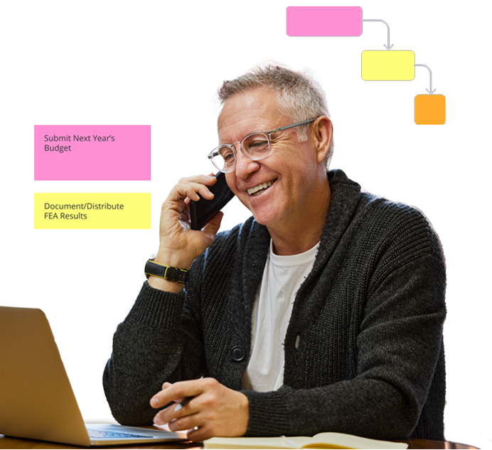 A smiling mature man wearing glasses and talking on a smartphone, seated at a desk with a laptop, accompanied by task labels and a workflow diagram illustrating business-related tasks like budgeting and document distribution. A smiling mature man wearing glasses and talking on a smartphone, seated at a desk with a laptop, accompanied by task labels and a workflow diagram illustrating business-related tasks like budgeting and document distribution.