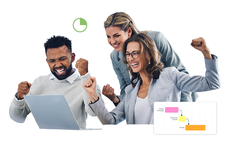 Three colleagues celebrating enthusiastically while looking at a laptop screen, with an inset graphic showing a simple workflow chart, representing successful project management or teamwork. Three colleagues celebrating enthusiastically while looking at a laptop screen, with an inset graphic showing a simple workflow chart, representing successful project management or teamwork.
