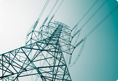 Upward view of a steel electricity transmission tower with multiple high-voltage power lines extending into the sky.