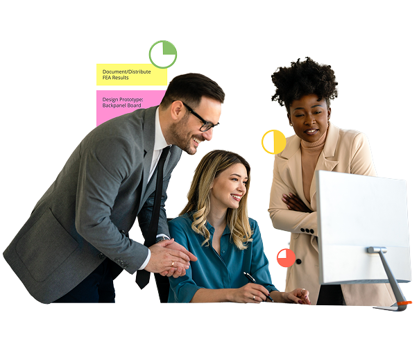 Three professionals collaborate at a computer workstation—two women and one man—engaged in discussion and smiling while looking at the monitor. Behind them are color-coded task labels ("Document/Distribute FEA Results" in yellow and "Design Prototype: Backpanel Board" in pink), along with abstract pie chart icons in green, yellow, and red, representing project planning or task management concepts.