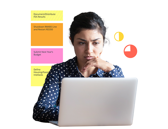 A woman with a thoughtful expression looks at a laptop screen. Behind her are four color-coded task labels: "Document/Distribute FEA Results" (yellow), "Shutdown RM400 Line and Restart RD350" (orange), "Submit Next Year's Budget" (pink), and "Define Housing/Faceplate/Cover Interfaces" (yellow). Two pie chart graphics float near her, representing task tracking or time management.