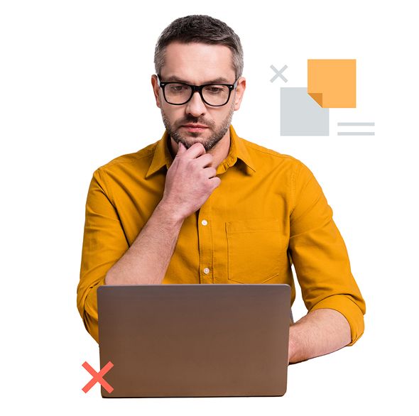 A thoughtful man wearing glasses and a mustard-colored shirt is working on a laptop. He has one hand on his chin and appears to be concentrating. The background includes abstract graphic elements such as overlapping document icons and checkmark symbols, suggesting decision-making or reviewing tasks.