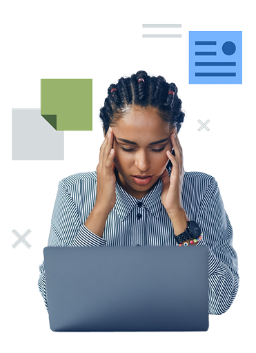 A woman seated at a laptop looking stressed or overwhelmed, holding her temples, with abstract graphics around her representing tasks or workload pressure. A woman seated at a laptop looking stressed or overwhelmed, holding her temples, with abstract graphics around her representing tasks or workload pressure.